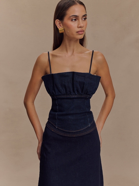 Meshki Tops - Meshki Cecilia Indigo Blue Denim Frill Corset Top (size M, but runs small)